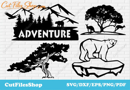 Wildlife scenes dxf files for laser cut, SVG for gift making, dxf for cnc, gift svg, Kangaroo dxf, polar bear dxf, tree dxf, forest scene dxf, mountains scenes dxf files, files for cnc plasma, dxf for laser cut, vinyl cutting, svg cutting files for cricut, silhouette nature images