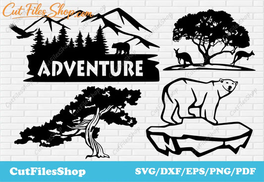 Wildlife scenes dxf files for laser cut, SVG for gift making, dxf for cnc, gift svg, Kangaroo dxf, polar bear dxf, tree dxf, forest scene dxf, mountains scenes dxf files, files for cnc plasma, dxf for laser cut, vinyl cutting, svg cutting files for cricut, silhouette nature images