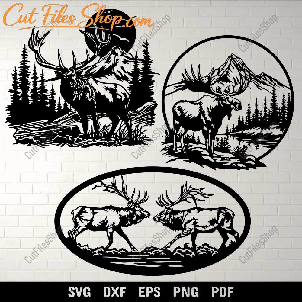 Preview of Wildlife Scenes DXF for CNC: Deer & Moose SVG for Cricut Projects