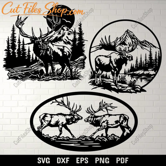 Preview of Wildlife Scenes DXF for CNC: Deer & Moose SVG for Cricut Projects