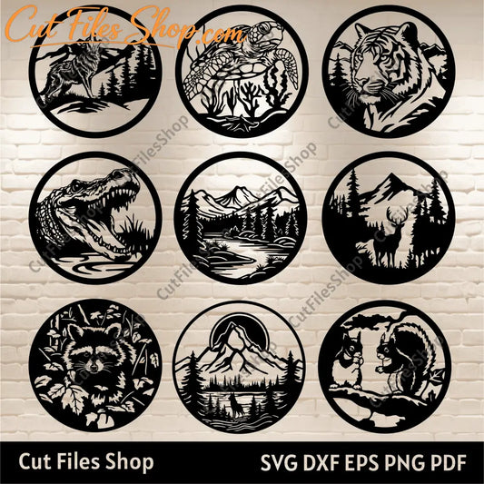 Wildlife scenes Dxf for Laser cut, Animals svg for Cricut, CNC plasma files, Silhouette cut files, CNC router files, turtle svg, tiger svg, circle frame svg, nature dxf for laser, squirrels svg, mountains dxf for plasma, wall decor dxf, wolf dxf, raccoon svg, tiger free svg, alligator svg, deer dxf for plasma, elk dxf files, forest dxf for laser cnc