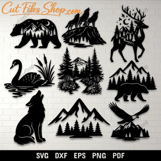 Wildlife silhouette bundle SVG with wolves, bears, deer, and eagle