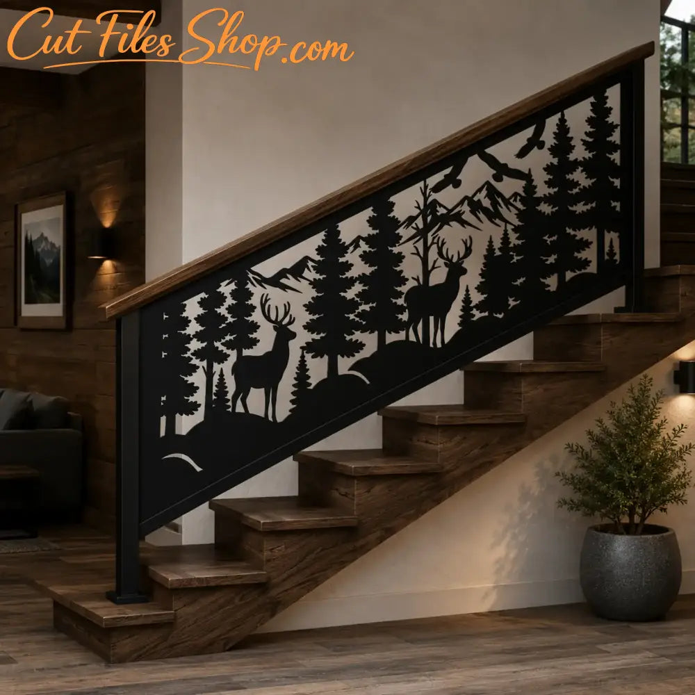 Metal stair railing panel featuring woodland scenery, wildlife silhouettes and mountain landscape artwork.