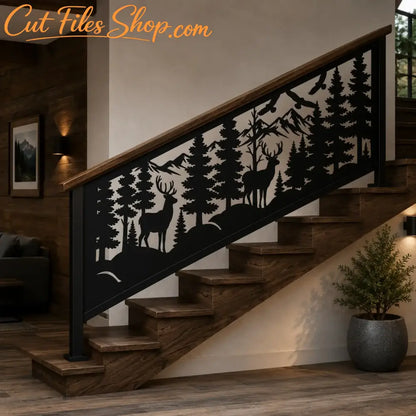 Metal stair railing panel featuring woodland scenery, wildlife silhouettes and mountain landscape artwork.