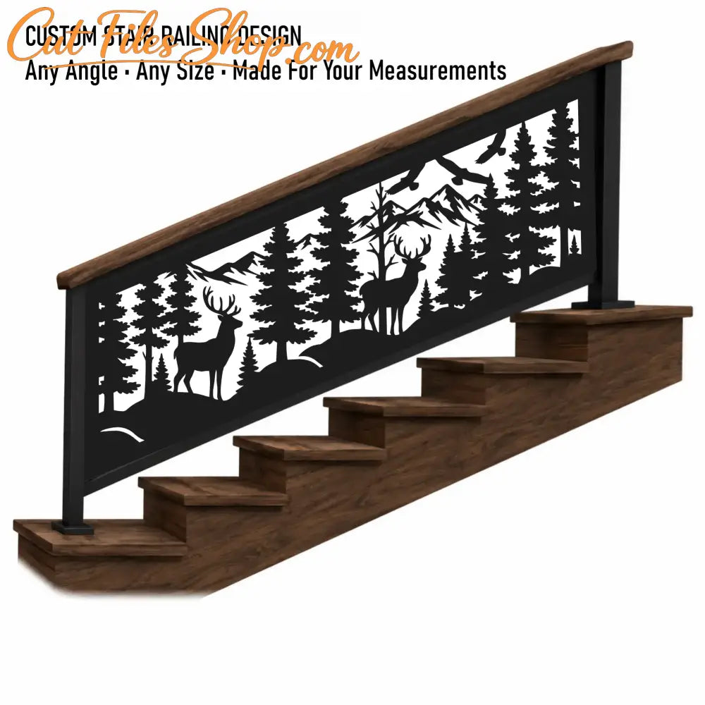 Custom staircase railing SVG DXF files for cabins, lodges, mountain homes and rustic architecture projects.