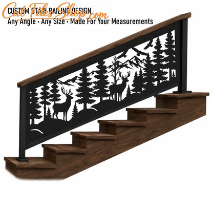 Custom staircase railing SVG DXF files for cabins, lodges, mountain homes and rustic architecture projects.