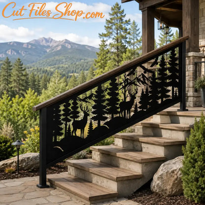 Custom deer and forest stair railing panel designed for CNC plasma, laser and waterjet cutting applications.