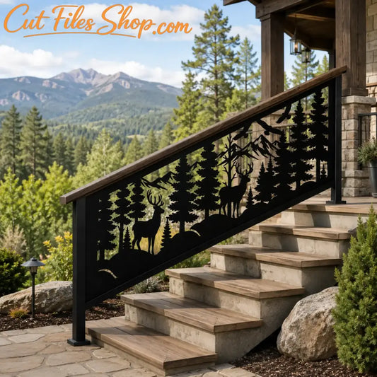 Custom deer and forest stair railing panel designed for CNC plasma, laser and waterjet cutting applications.