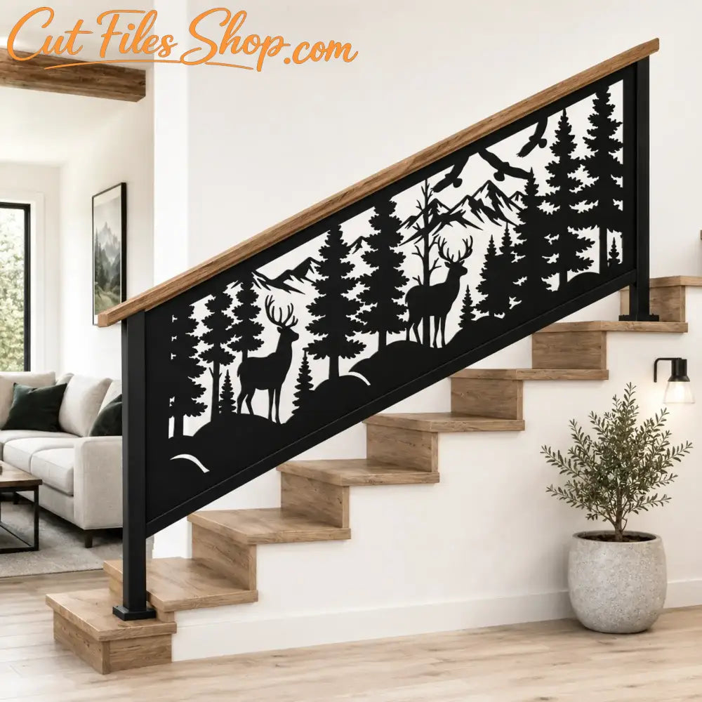 Decorative mountain wildlife railing design with pine trees and deer for indoor and outdoor staircases.