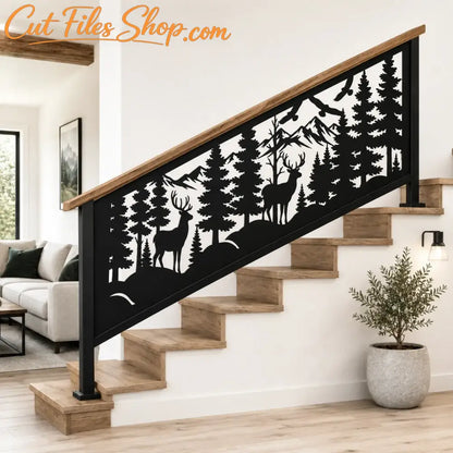Decorative mountain wildlife railing design with pine trees and deer for indoor and outdoor staircases.