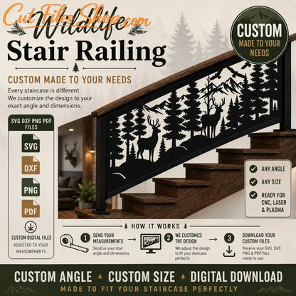 Custom wildlife stair railing with deer forest and mountain scene for CNC laser plasma cutting projects.