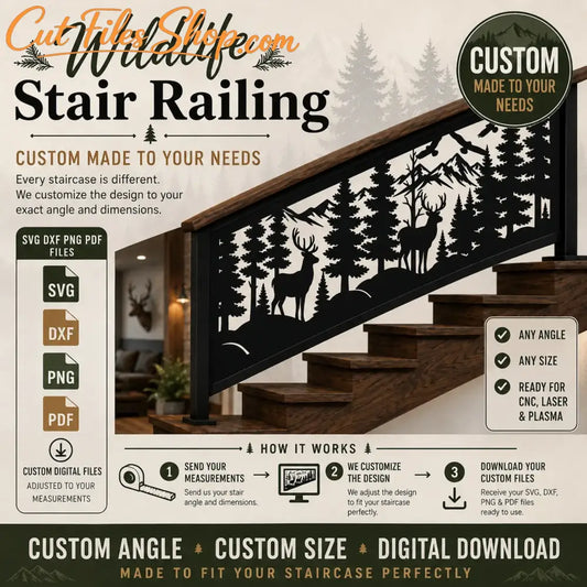 Custom wildlife stair railing with deer forest and mountain scene for CNC laser plasma cutting projects.