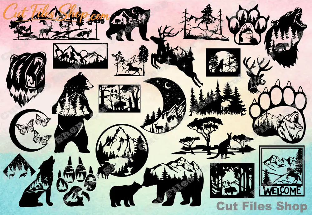 Wildlife svg, nature scene, animals silhouette, nature decor dxf, dxf for laser cutting