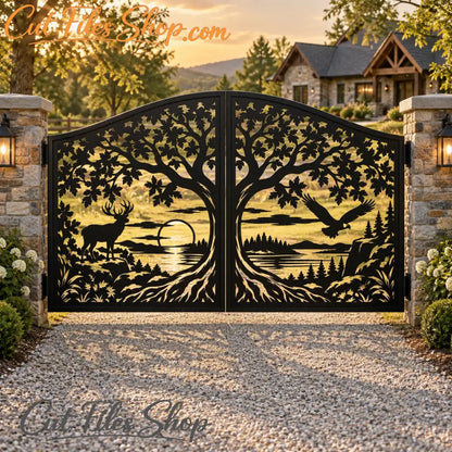 Realistic black wildlife metal gate with a tree, deer, eagle, mountains and lake design.
