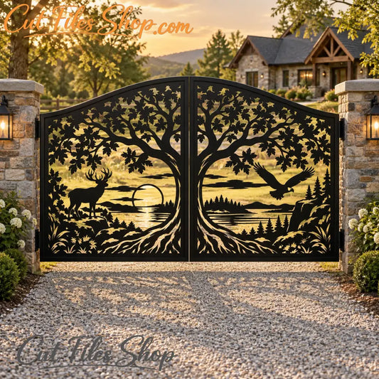 Realistic black wildlife metal gate with a tree, deer, eagle, mountains and lake design.