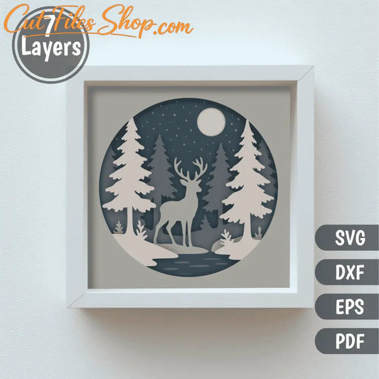 Winter deer 3D shadow box layered SVG template