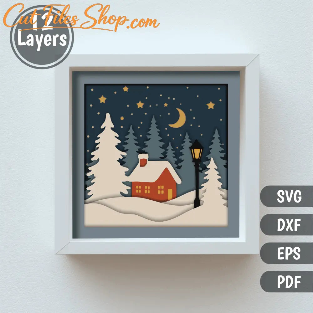 Cozy cottage winter night 3D shadow box design with stars and moon