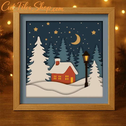 Winter 3D Shadow Box SVG DXF PDF EPS template with snowy house