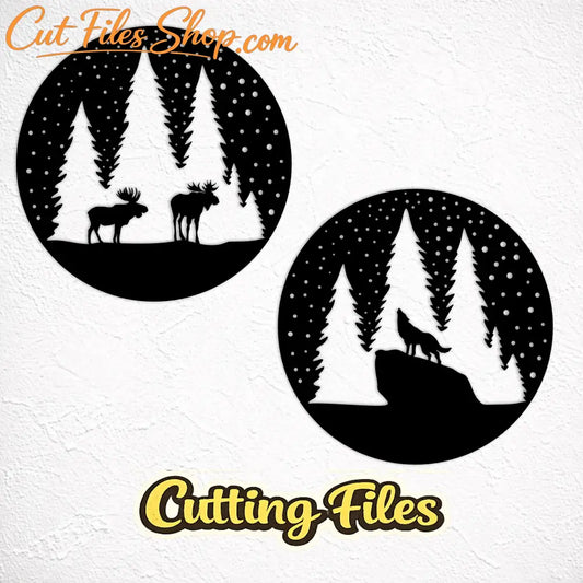 Winter wildlife SVG set with wolf and moose designs