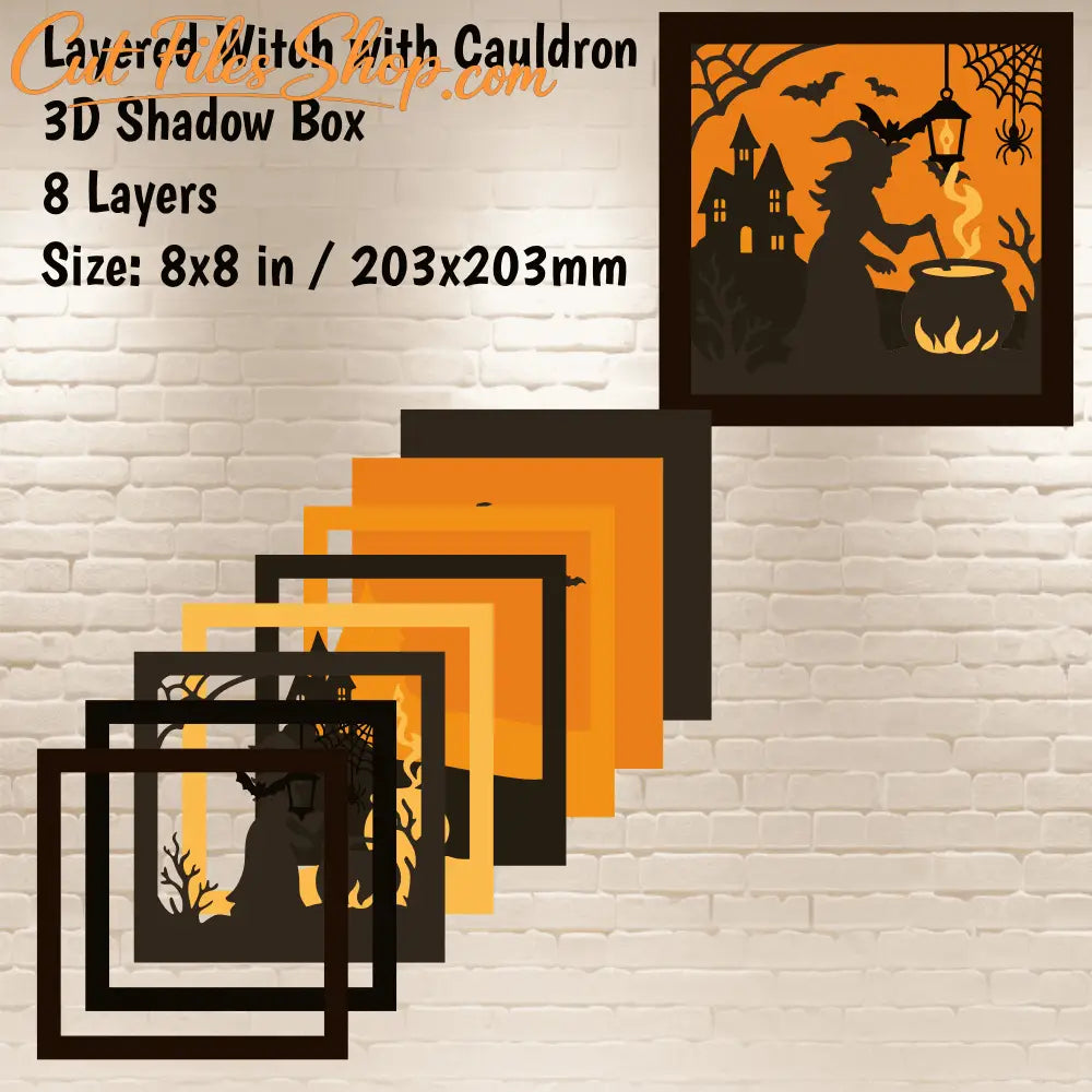 Spooky layered Halloween art with witch, bats, and lantern