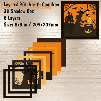 Spooky layered Halloween art with witch, bats, and lantern