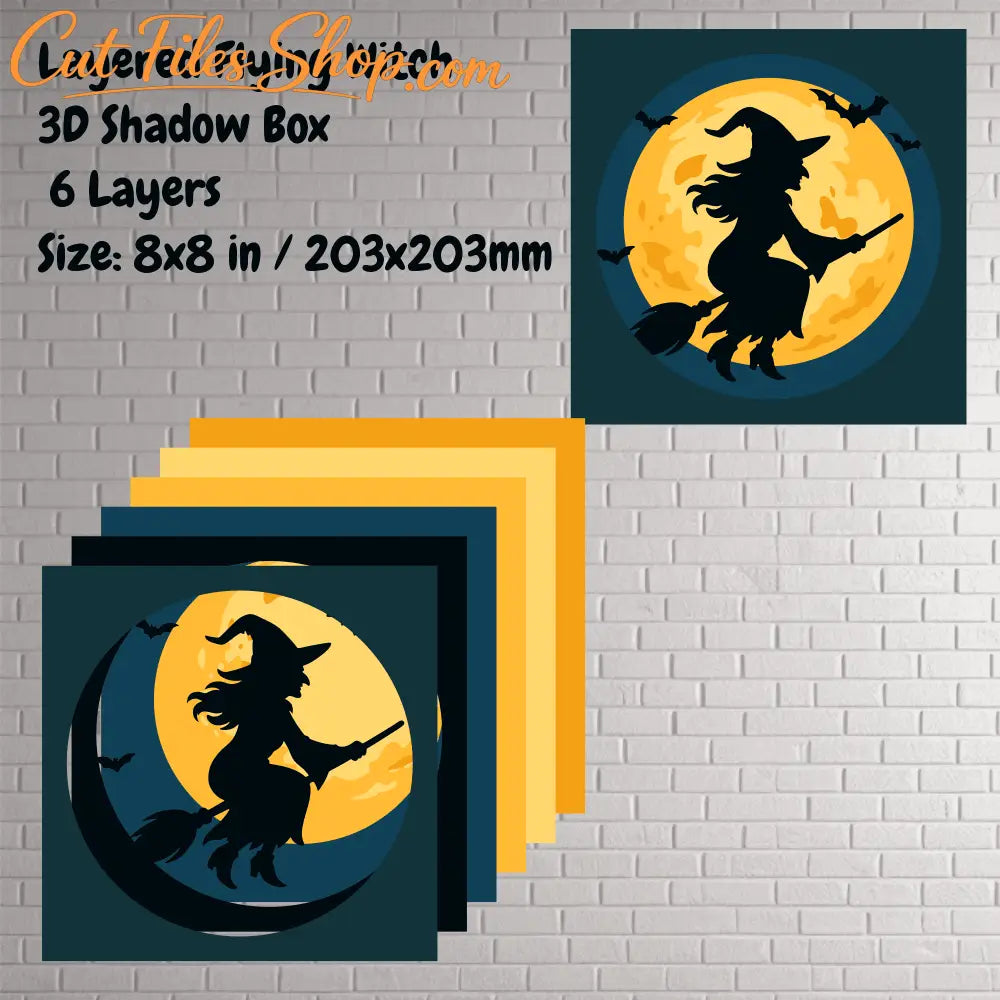 Layered Halloween silhouette 3D shadow box with moon and witch