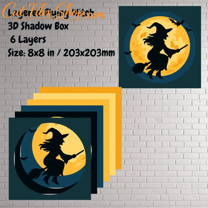 Layered Halloween silhouette 3D shadow box with moon and witch