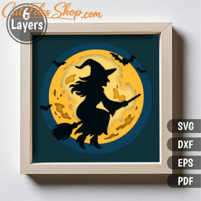Flying witch 3D shadow box design for Glowforge and laser cutters