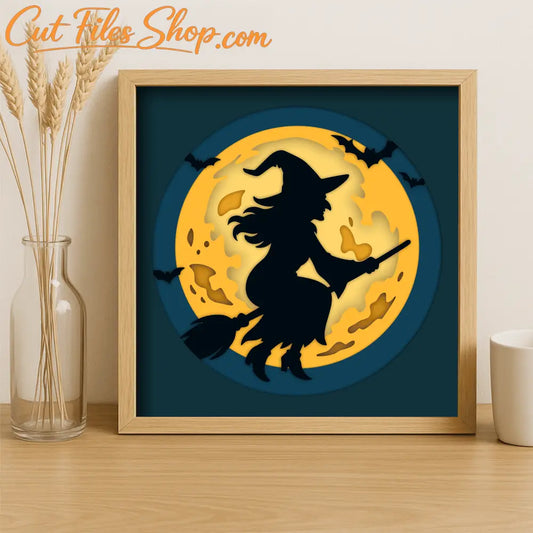 Witch on broom Halloween 3D shadow box SVG DXF EPS PDF layered template
