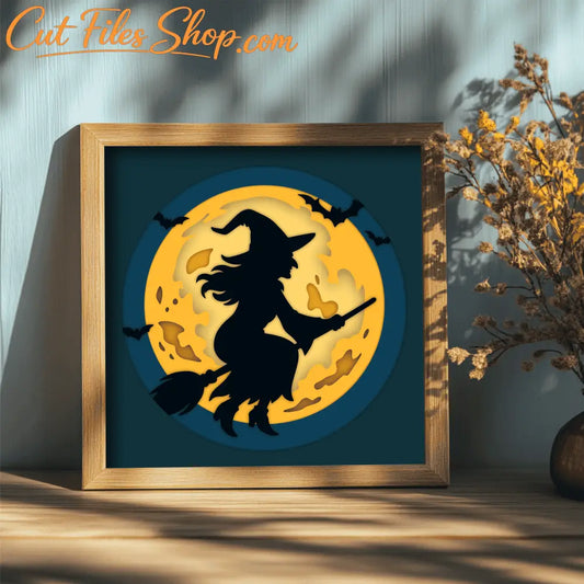 Halloween moon scene layered witch silhouette cutting file for Cricut