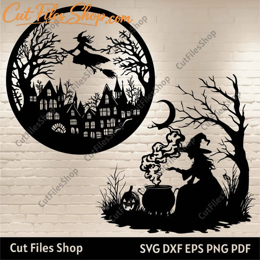 Witch Stirring Bubbling Pot SVG, Flying Witch Cut Files for Cricut & Silhouette, DXF for CNC Metal Cutting, Halloween Sublimation Design, Best free svg site