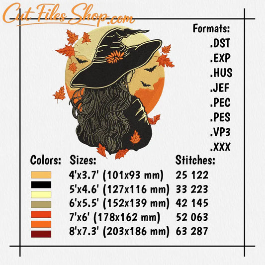 Halloween witch embroidery design featuring bats, orange moon, and falling leaves