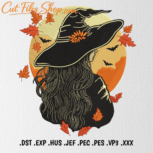 Witch woman embroidery design with hat and autumn leaves for Halloween projects