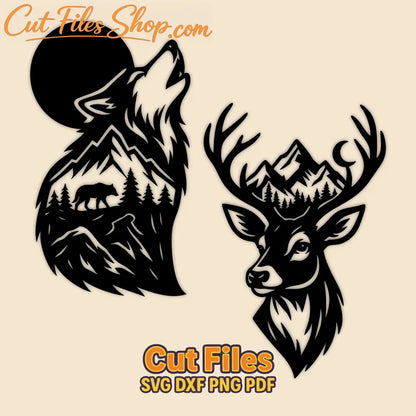 Wildlife wolf deer SVG DXF for CNC and plasma cutting