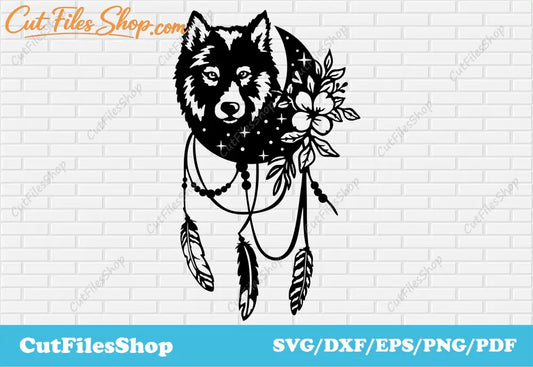 Wolf art svg for t-shirt designs, dxf files for laser engraving, dxf cnc files for laser, plasma cutting, floral wolf svg, wolf with feathers svg, wolf vector art download, wolf png for sublimation, wolf vector for engraving