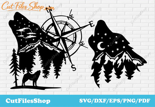 Wolf dxf cut files, vector cut files for laser, t shirt designs, dxf for plasma cutting, svg for cricut, wolf scene dxf, dxf cut files, svg cut files, cut files