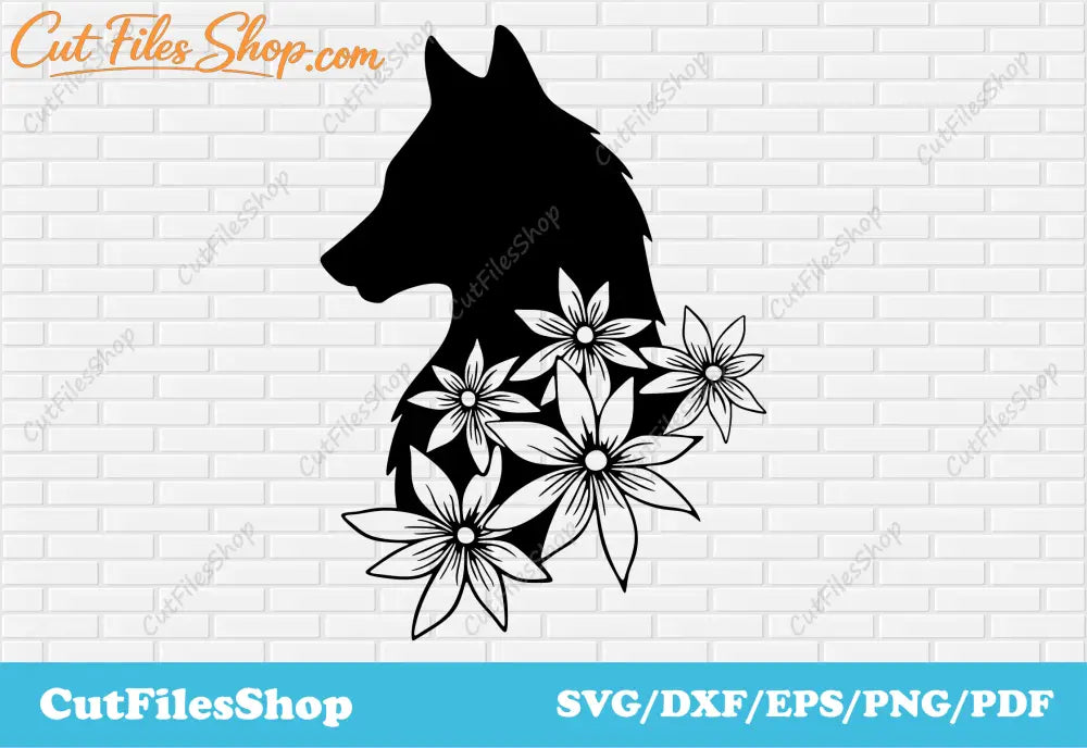 Wolf with flowers svg cut files for cricut, dxf for laser cutting, svg for shirts, cnc plasma cutting, Wolf flowers svg  for cricut, wolf art svg, dxf wolf for laser, Dxf for cnc metal cutting, Cut Files Shop, animals with flowers svg, vector flowers, wolf svg for shirts