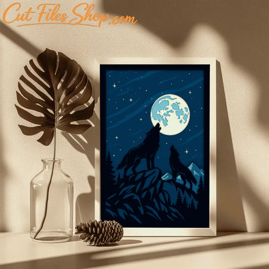 Night sky wolf silhouette layered paper cut file for Cricut and Glowforge