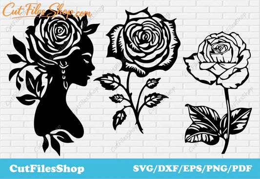 Woman with rose dxf, rose dxf files for cnc plasma, flower woman svg, rose svg cut files for cricut, rose dxf metal decor, rose png for sublimation, free vector rose, digital cut files