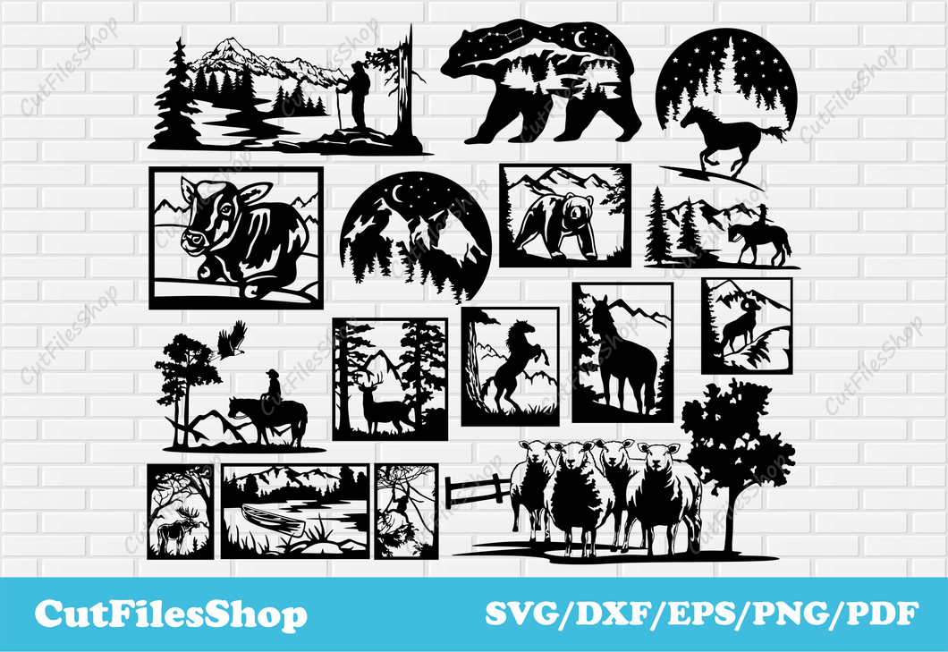 Nature scenes vector cut files for laser cutting, DXF for cnc, svg files for cricut, svg for vinyl cutting, Wall decor for laser cutting, rider dxf, horse dxf, horse scene dxf files, bear scene dxf files, sheep scene dxf, cowboy dxf files, decor dxf for cutting, wall art vector files