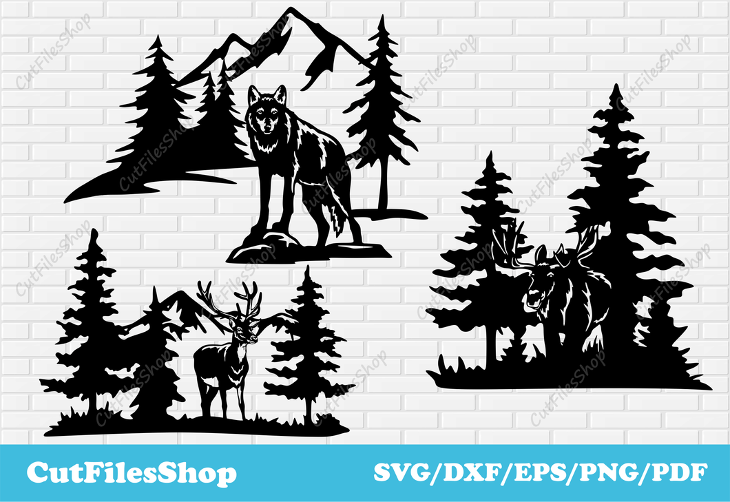 Animals scenes dxf svg for cnc cutting machines, Svg for cricut, Dxf for laser cut, moose scene dxf, deer scene dxf, wolf scene dxf, Wall art dxf svg, Decor metal dxf, Cut Files Shop, animals decor dxf, dxf for plasma cutting art, dxf laser cut decor