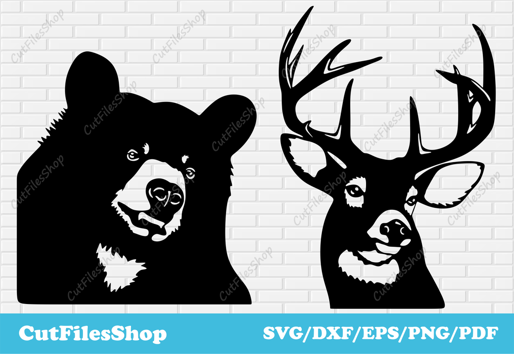 Animals dxf cut files, svg files for cricut, dxf for cnc cutting, animals silhouette, deer dxf file, bear dxf, cut files, dxf animals, cnc cut files, cutting machine files, deer scene for cricut, bear dxf files