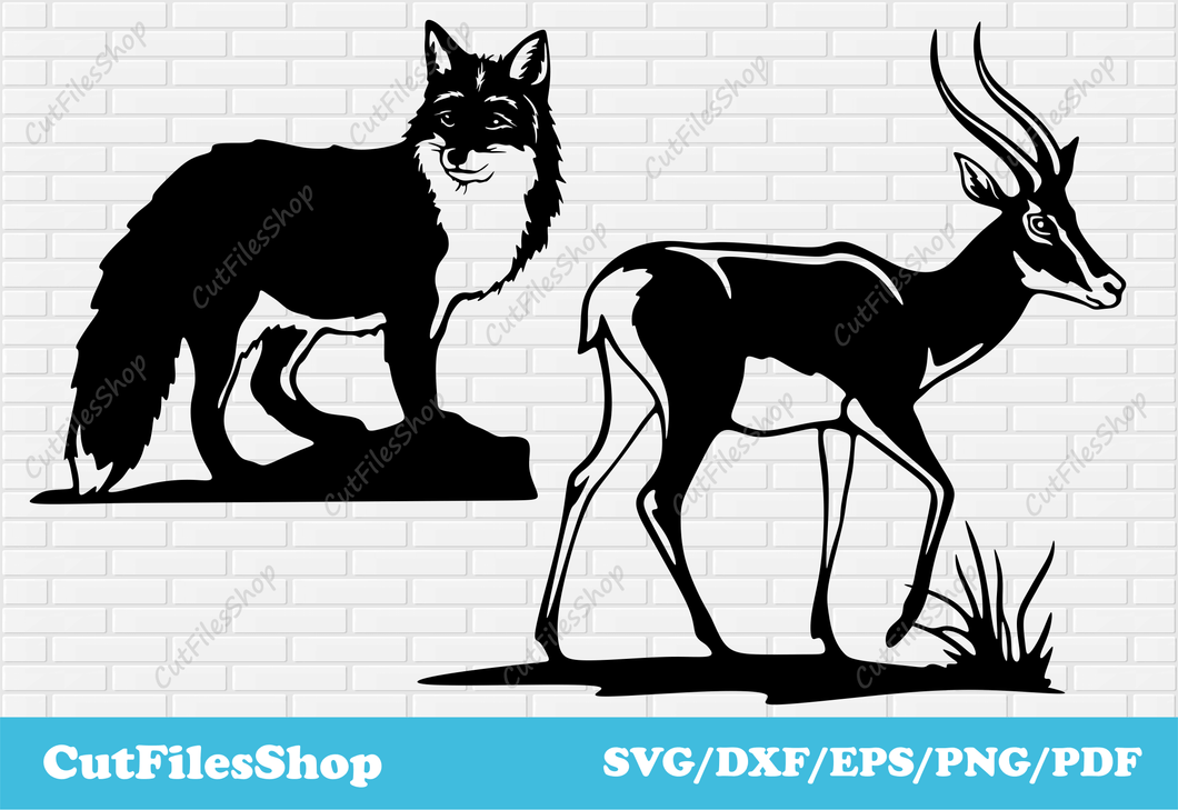 Animals dxf svg, fox dxf, antelope dxf, animals scene dxf, dxf for cnc, Cut Files Shop, vinyl cut file, wildanimals scene dxf svg, wall art svg, wall decor dxf, svg designs