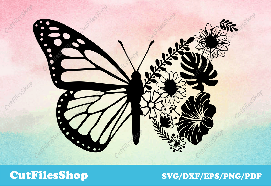 Butterfly cut file, flowers svg, svg for silhouette, dxf laser, svg files for cricut, butterfly dxf files, butterfly svg files, butterfly vector images