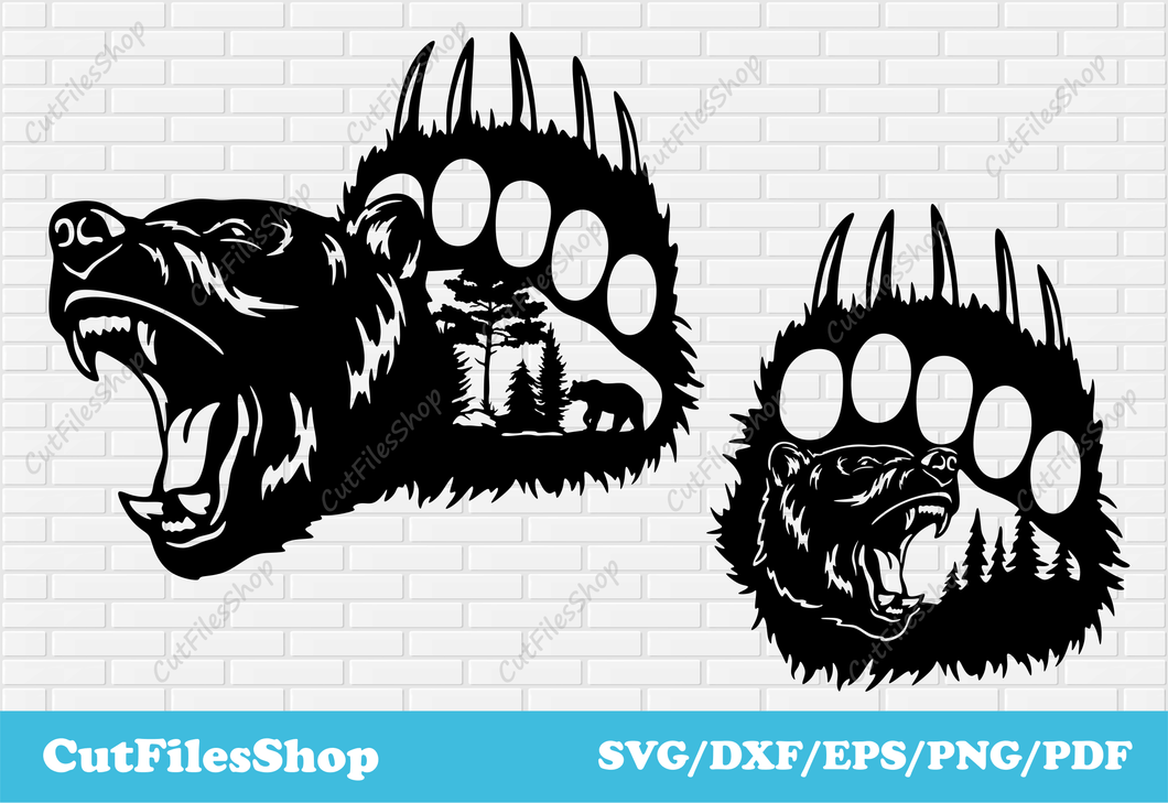 Bear paws dxf svg cut files, Svg for cricut, Dxf for laser, designs for shirts, dxf for cnc plasma, bear dxf, bear scene dxf for laser, bear paw dxf, bear art svg, cut files shop, forest scene dxf, scene dxf, art bear dxf
