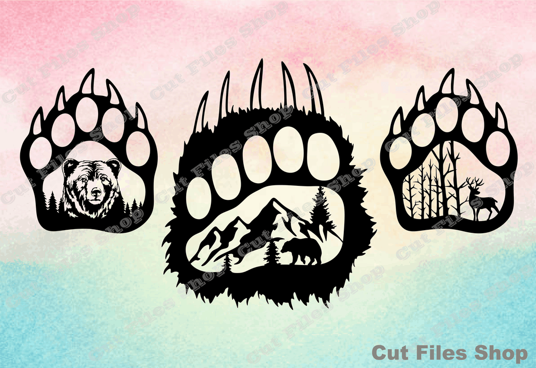 Bear paw svg, bear cut file, wild animal wall art, cnc dxf file, laser cut wall art