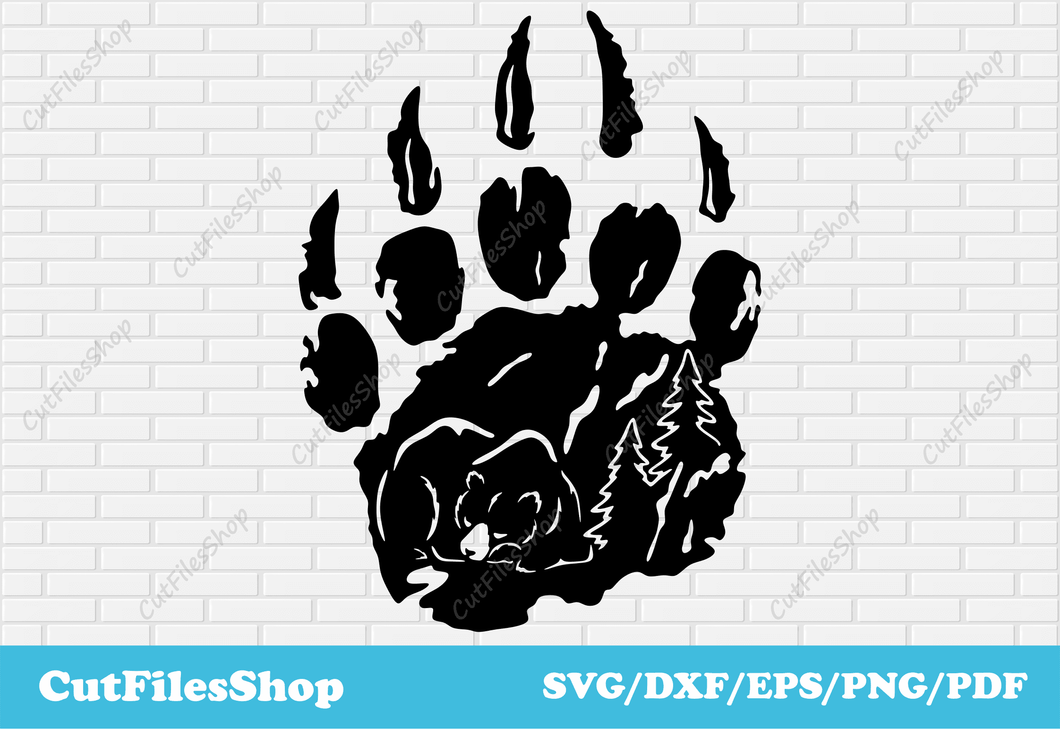 Bear paw dxf for plasma cutting, animals paw svg files, dxf bear for laser, landscape dxf, decor making dxf, bear svg cut files for cricut, free cutting files, cnc routing files, laser etching, digital printing, heat pressing, print and cut, routing, wide format printing, rotary engraving, embroidery