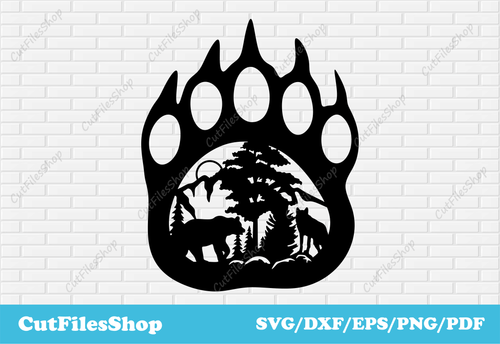 Bear paw svg cut files for cricut, DXF for laser cutting, Card making svg, CNC plasma cutting, cut files shop, wolf scene dxf, woods dxf, bear dxf files, tree dxf, clip art svg dxf