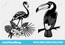 Load image into Gallery viewer, Tropical birds svg, flamingo dxf file, toucan dxf, birds for cricut, dxf for cnc, birds dxf files, tropical dxf, birds scene dxf, Vector Birds for Cricut, DXF for CNC, Birds Scenes DXF files, Cutting files, Laser cut files, Dxf for Plasma cut, Silhouette Cameo files, dxf for Scan n Cut
