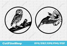 Load image into Gallery viewer, Birds svg cut files, Hummingbird svg, Owl svg, birds scenes svg, dxf files for cutting, metal art dxf, cutting metal dxf, nature scenes dxf, Dxf laser cutting files, CNC Laser Cutting, Engraving Design, Download DXF Files, Vectors files for t-shirt making, stickers making
